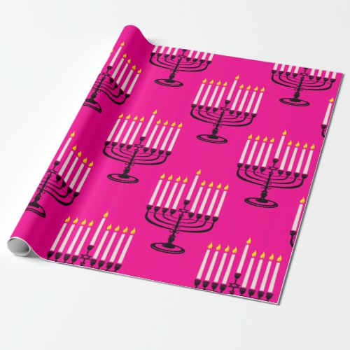 pink menorah hanukkah purim jewish print wrapping paper