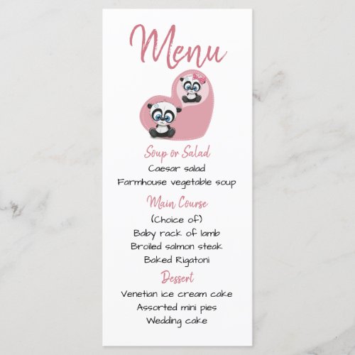 Pink Menu Panda Teddy Bear Heart Wedding Party