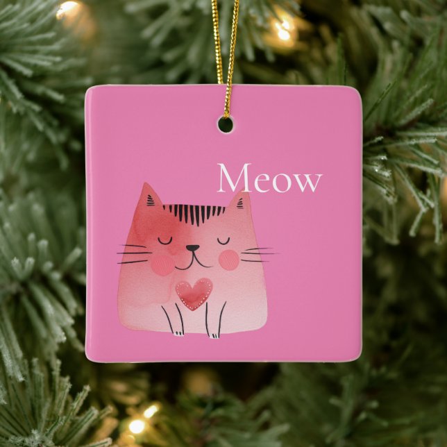 Pink Meow Cat  Ceramic Ornament (Tree)