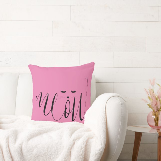 Pink Meow Cat Throw Pillow (Couch)