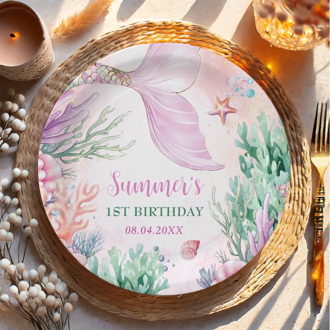Pink Mermaid 1st Birthday Oneder The Sea Paper Plates (Creator Uploaded)