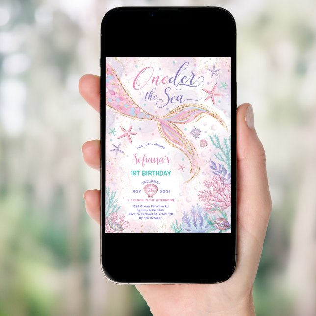 Pink Mermaid 1st Birthday Oneder the Sea Party Invitation (Front Digital)