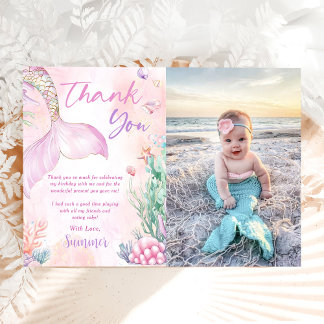Pink Mermaid 1st Birthday Oneder The Sea Photo Thank You Card