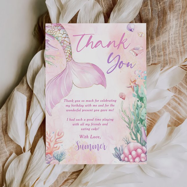 Pink Mermaid 1st Birthday Oneder The Sea Thank You Card (Creator Uploaded)