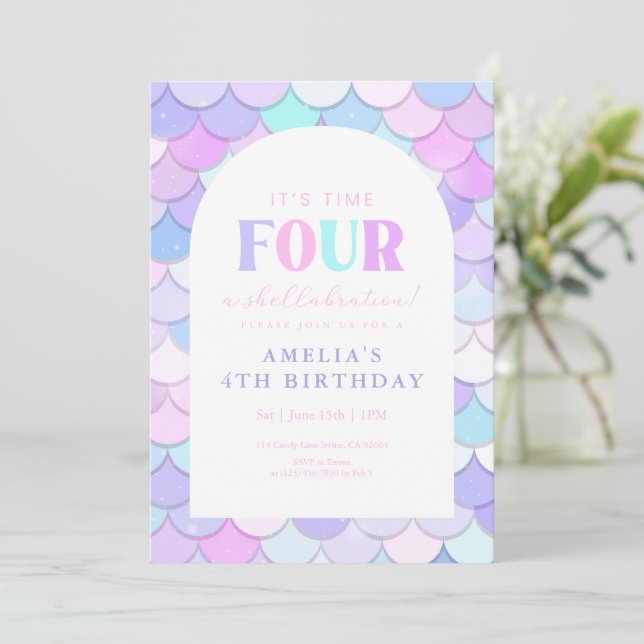 Pink Mermaid 4th Birthday  Invitation (Standing Front)