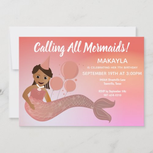 Pink Mermaid African American Birthday Party Invitation