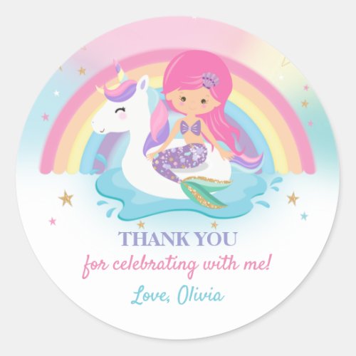 Pink Mermaid and Unicorn Pool Birthday Party Favor Classic Round Sticker