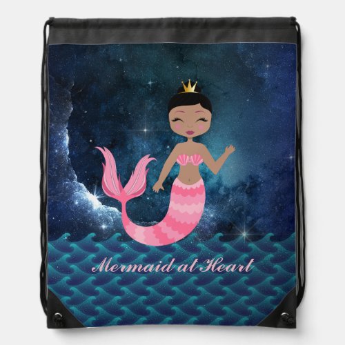 Pink Mermaid at Heart Fantasy Ocean Scene Drawstring Bag