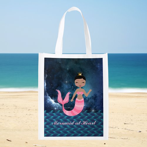 Pink Mermaid at Heart Fantasy Ocean Scene Grocery Bag