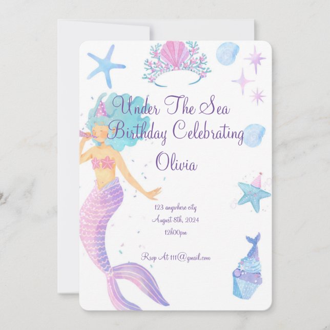 Pink Mermaid birthday invitation  (Front)