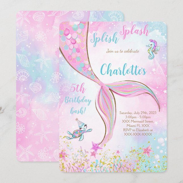 Pink Mermaid Birthday Invitation (Front/Back)