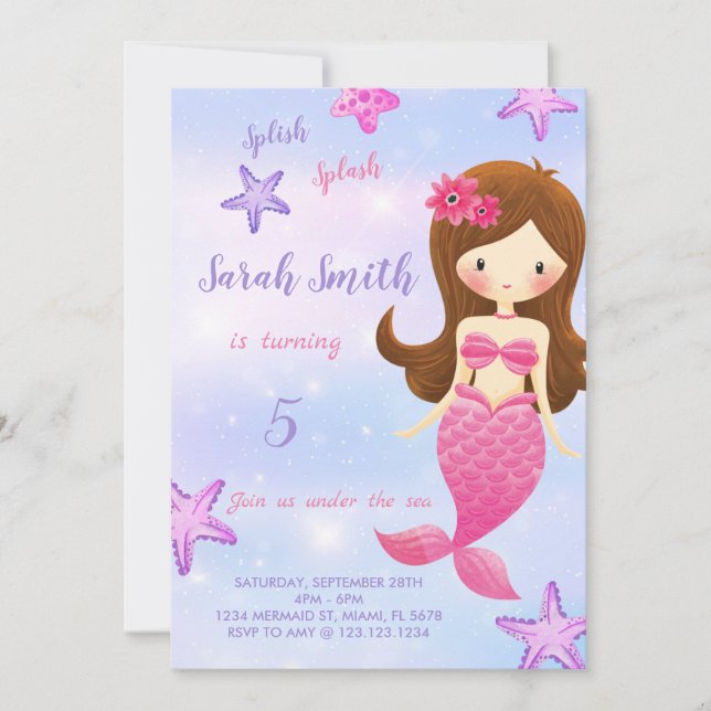 Pink mermaid birthday invitation (Front)