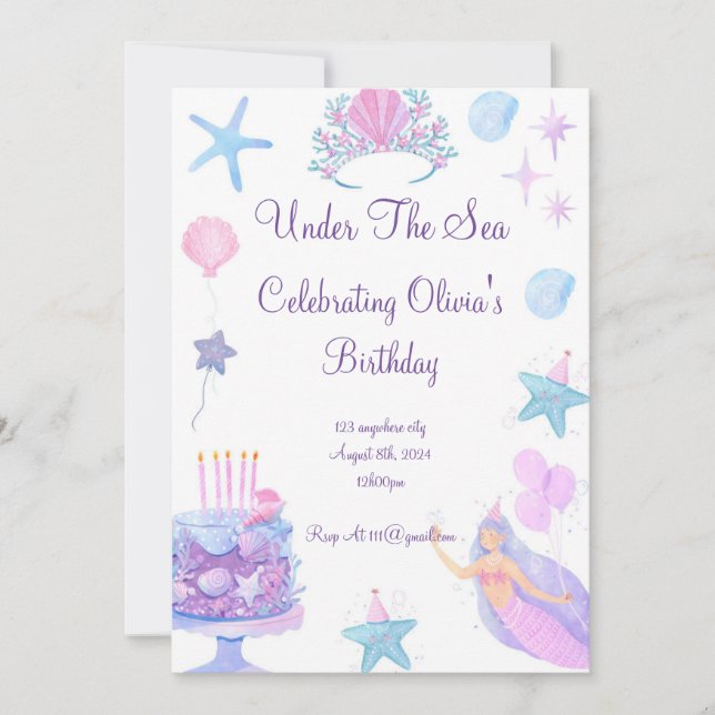 Pink Mermaid Birthday Invitation  (Front)