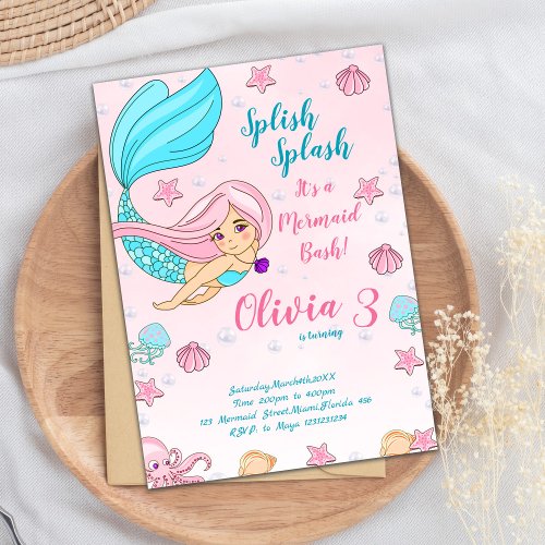 Pink Mermaid Birthday Invitations