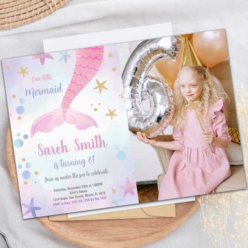 Pink Mermaid Birthday Invitations with photo