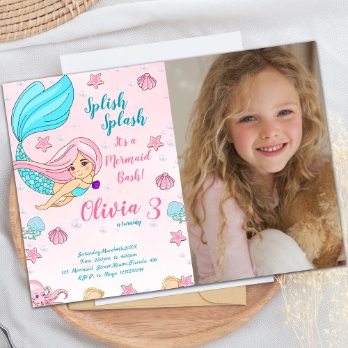 Pink Mermaid Birthday Invitations with photo