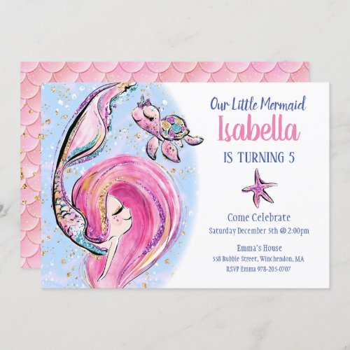 Pink Mermaid Birthday Party Invitation