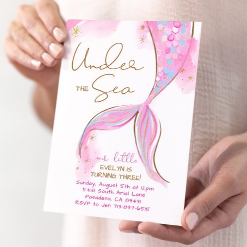 Pink Mermaid Birthday Party Under The Sea Mermaid Invitation