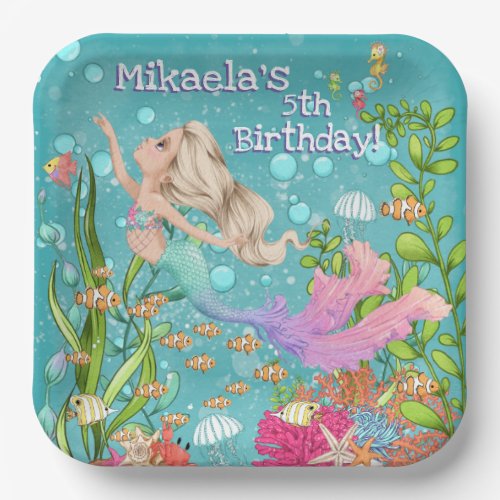 Pink Mermaid Blonde Hair Under the Sea Birthday Pa Paper Plates