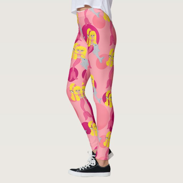 Pink Mermaid Brigit, Dolphin and polka dots  Leggings (Left)