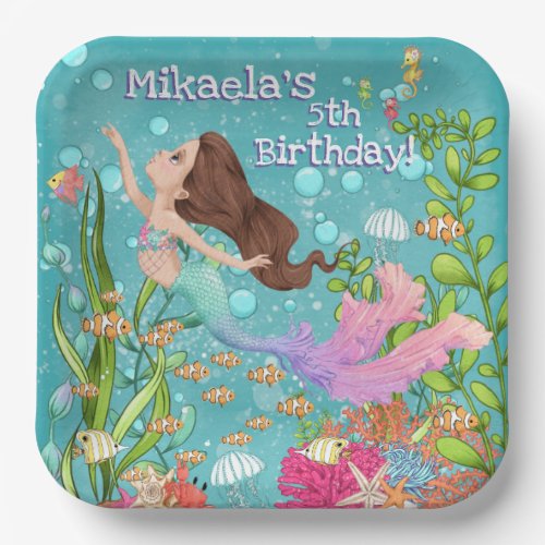 Pink Mermaid Brown Hair Under the Sea Birthday Pap Paper Plates