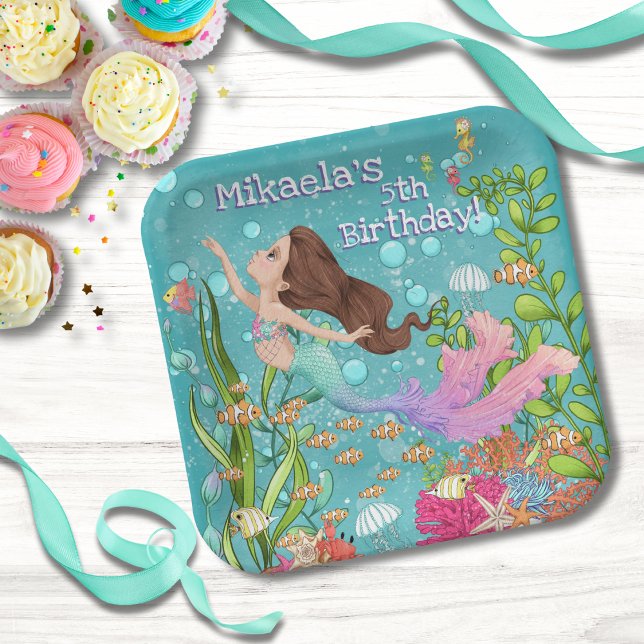 Pink Mermaid Brown Hair Under the Sea Birthday Paper Plates (Creator Uploaded)