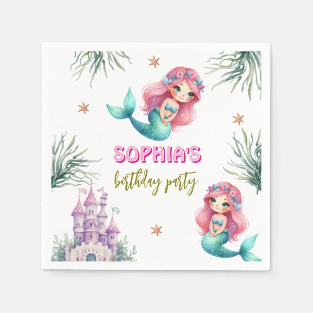 Pink Mermaid castle birthday  Napkins (Front)