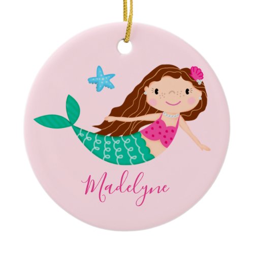 Pink Mermaid Christmas Script Name Ceramic Ornament