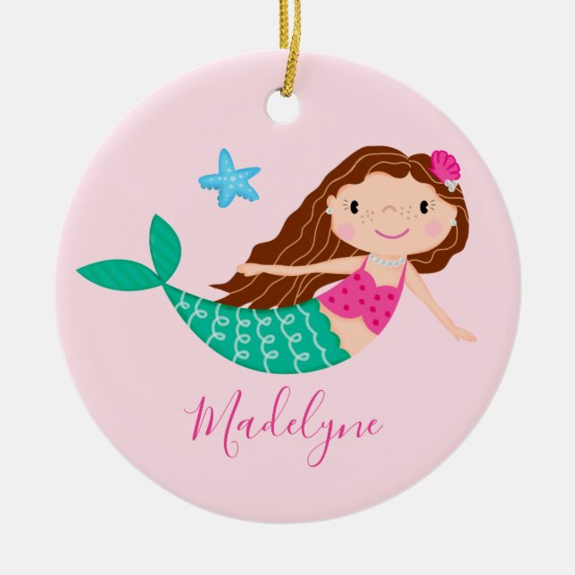 Pink Mermaid Christmas Script Name Ceramic Ornament (Front)