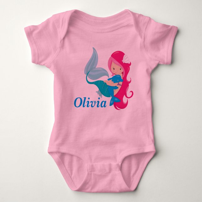 Pink Mermaid Cute Personalized Baby Bodysuit (Front)