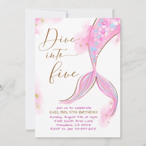 Pink Mermaid Dive Into Five 5th Birthday Party Invitation