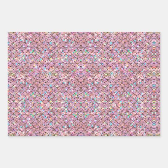 Pink Mermaid Fish Scales Holographic Decoupage Wrapping Paper Sheets (Front)