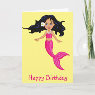 Pink Mermaid girl art birthday Card