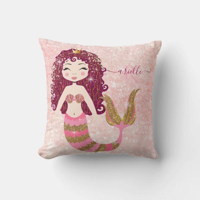 Pink Mermaid Gold Glitter Baby Girl Shower Name Throw Pillow (Front)
