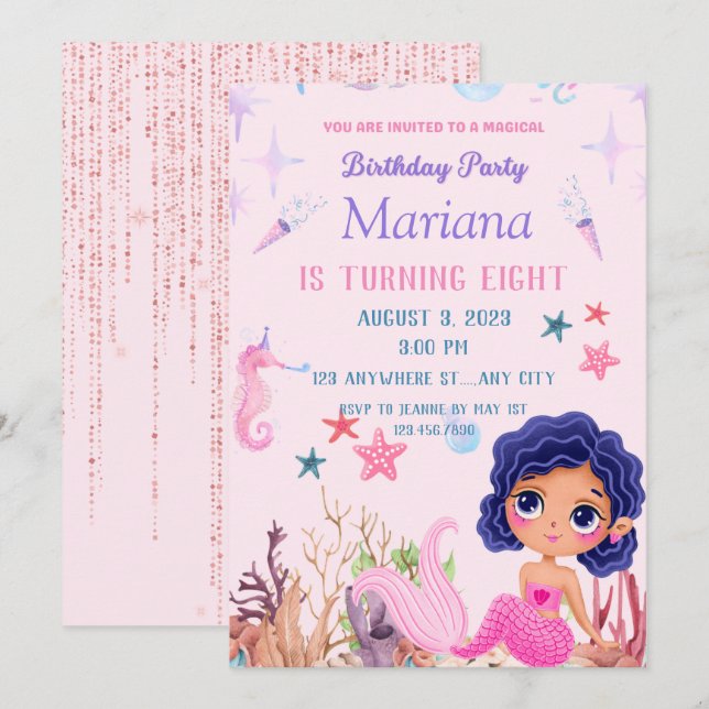  Pink Mermaid little Mermaid Magical party  Invitation (Front/Back)