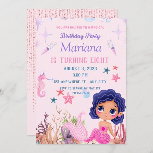  Pink Mermaid little Mermaid Magical party  Invitation