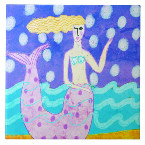Pink Mermaid Original Abstract Art Ceramic Tile