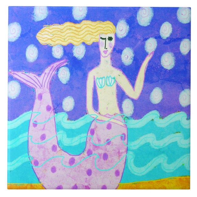 Pink Mermaid Original Abstract Art Ceramic Tile (Front)
