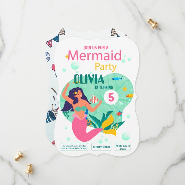 pink mermaid Party Birthday Invitation (Front/Back In Situ)