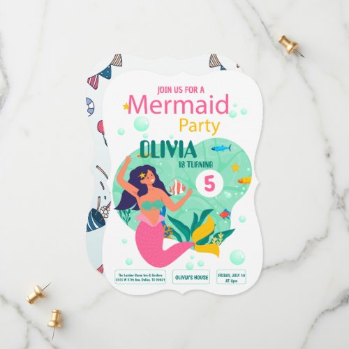 pink mermaid Party Birthday Invitation