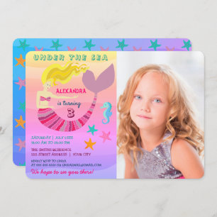 Pink Mermaid Photo Birthday Invitation