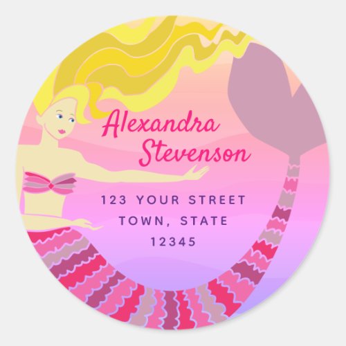 Pink Mermaid Return Address Classic Round Sticker