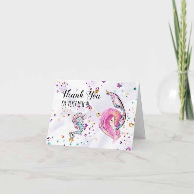 *~* Pink Mermaid Sea Horse  Baby Shower Thank You Card (Front)