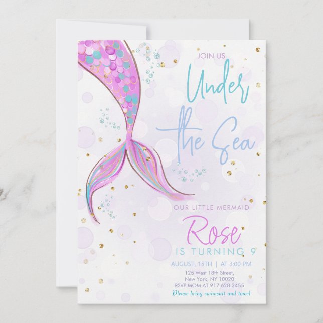 Pink Mermaid Tail Girl Birthday Invitation (Front)