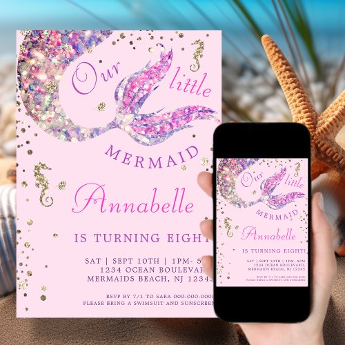 Pink Mermaid Tail Under The Sea Birthday  Invitation