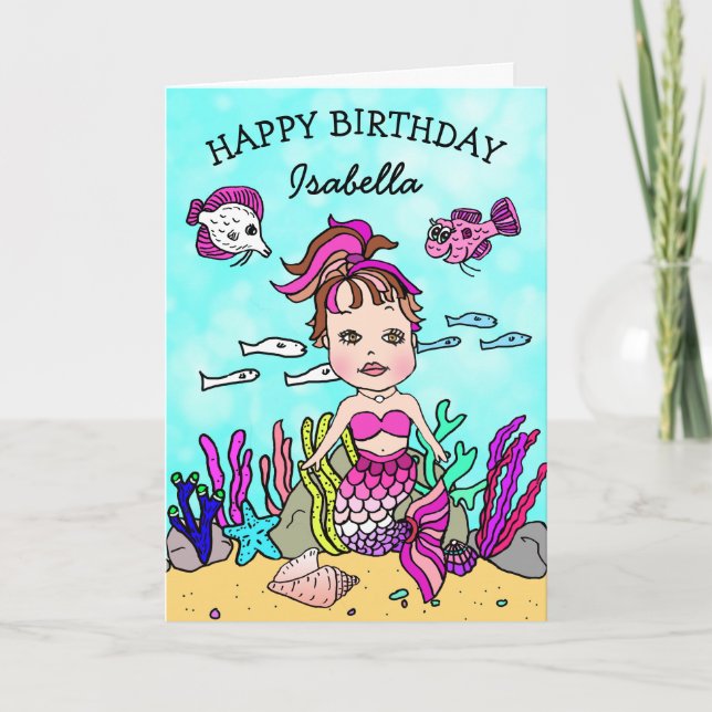Pink Mermaid Themed Happy Birthday Card (Front)