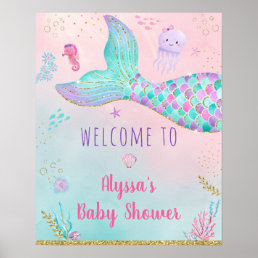 Pink Mermaid Under The Sea Baby Shower Welcome Poster
