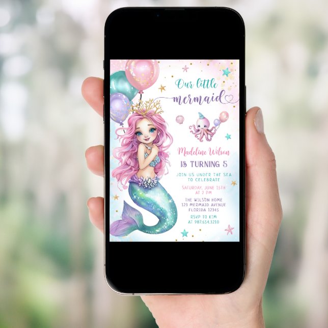 Pink Mermaid Under The Sea Birthday Invitation (Front Digital)