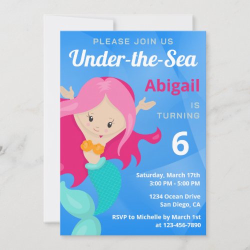 Pink Mermaid Under the Sea Teal Birthday Party Invitation
