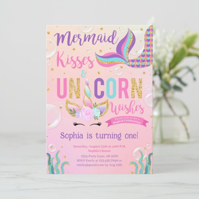 Pink Mermaid & Unicorn Birthday Invitation (Standing Front)